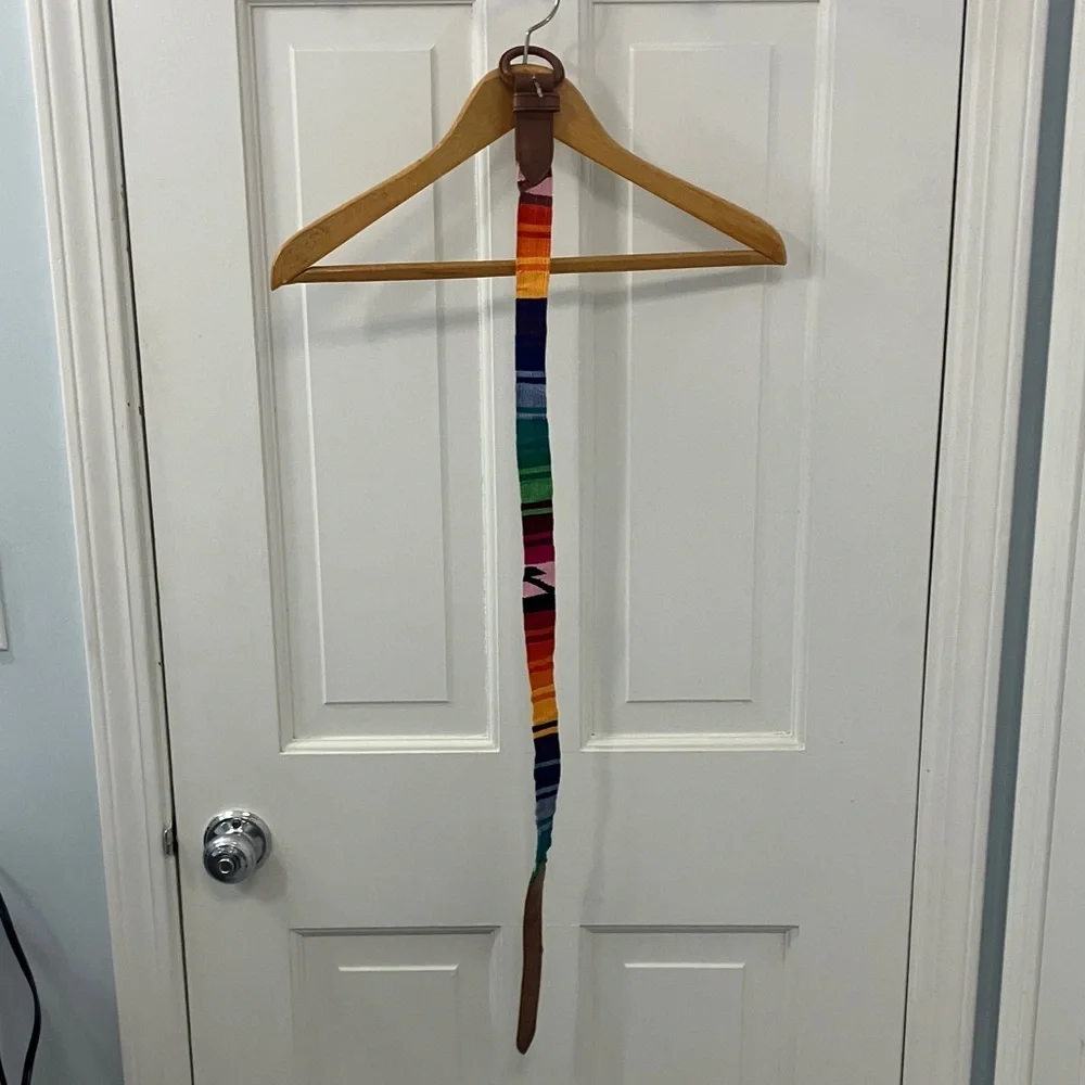 Vintage Colorful Striped Belt with Brown leather Buckle adjustable Guatemala OS